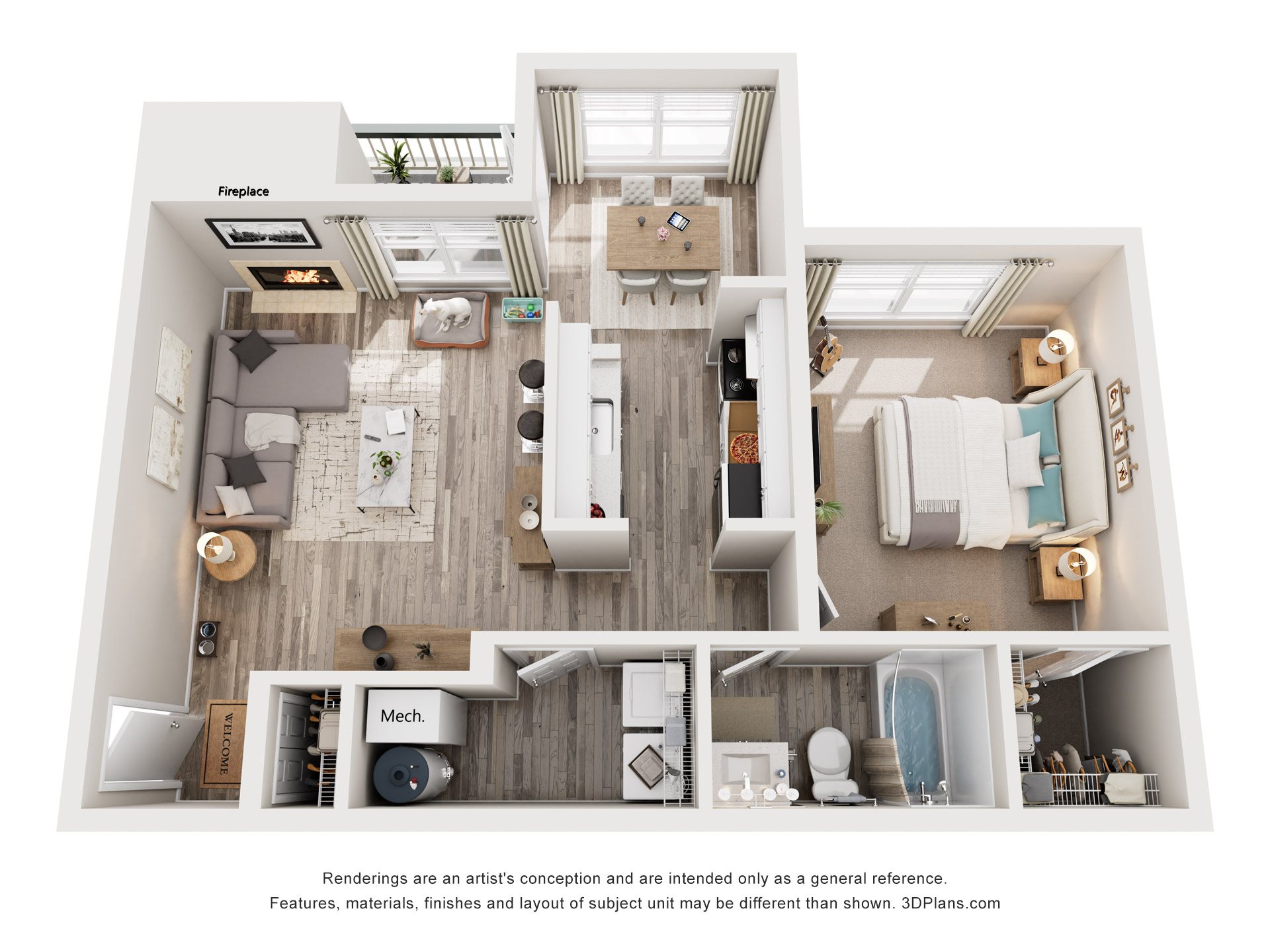 Floor plan for 1 bed, 1 bath, 650 sqft